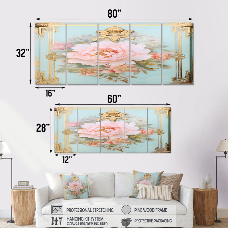 Baer - pivoine, art mural 5 pièces, H 32 po x l 80 po