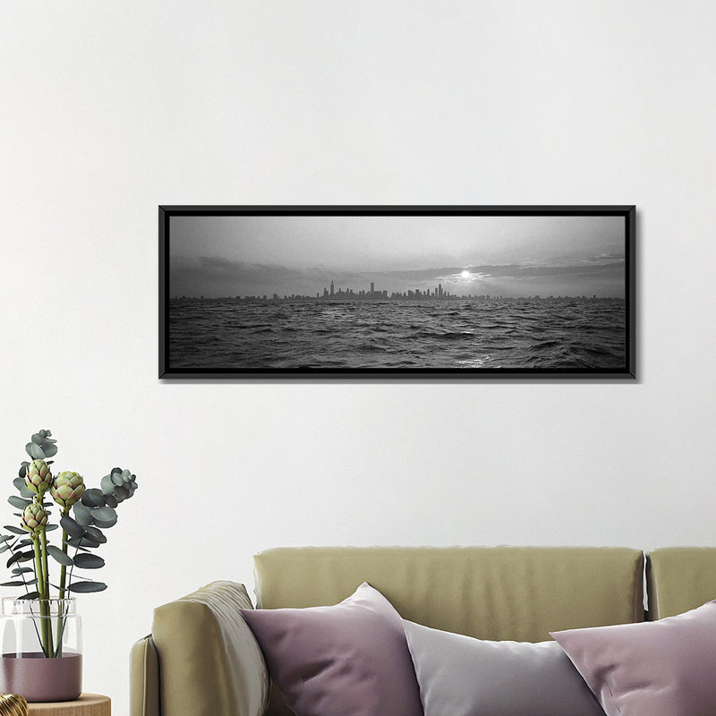 Reproduction de photo sur toile tendue, "coucher de soleil panoramique" au-dessus d’une ville, chicago, illinois, Cadre noir