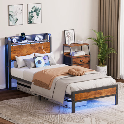 Twin Bed Frame with Storage Headboard, Metal Platform Bed Frame， LED Lights and Charging Station