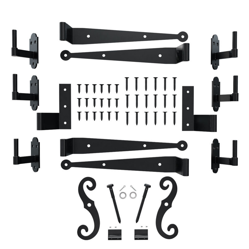 Charnière à sangle SteelTek avec ensemble de volets décalés de 2 1/4 po, pour des hauteurs de 36 à 60 po (comprend 4 charnières à sangle, 2 charnières plates, 6 pintels sur la plaque, 1 paire de retenues en S avec support de volet à verrou)
