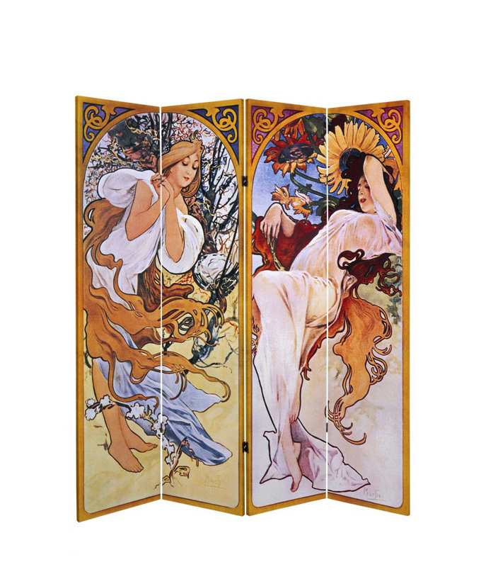 71" x 51.66" Tall Double Sided Four Seasons Canvas 4 Panel Room Divider, 6 ft Tall