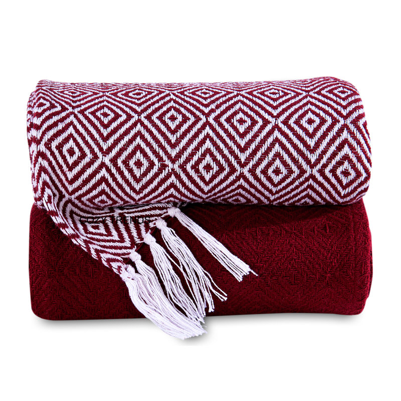 Hand Woven Throw Blanket, Burgundy, Geometric/Solid Color