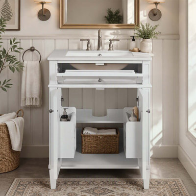 Meuble-lavabo de 61 cm (24 pouces) avec 2 portes, tiroir basculant et lavabo, portes à fermeture amortie, rangements intégrés pour un rangement optimal