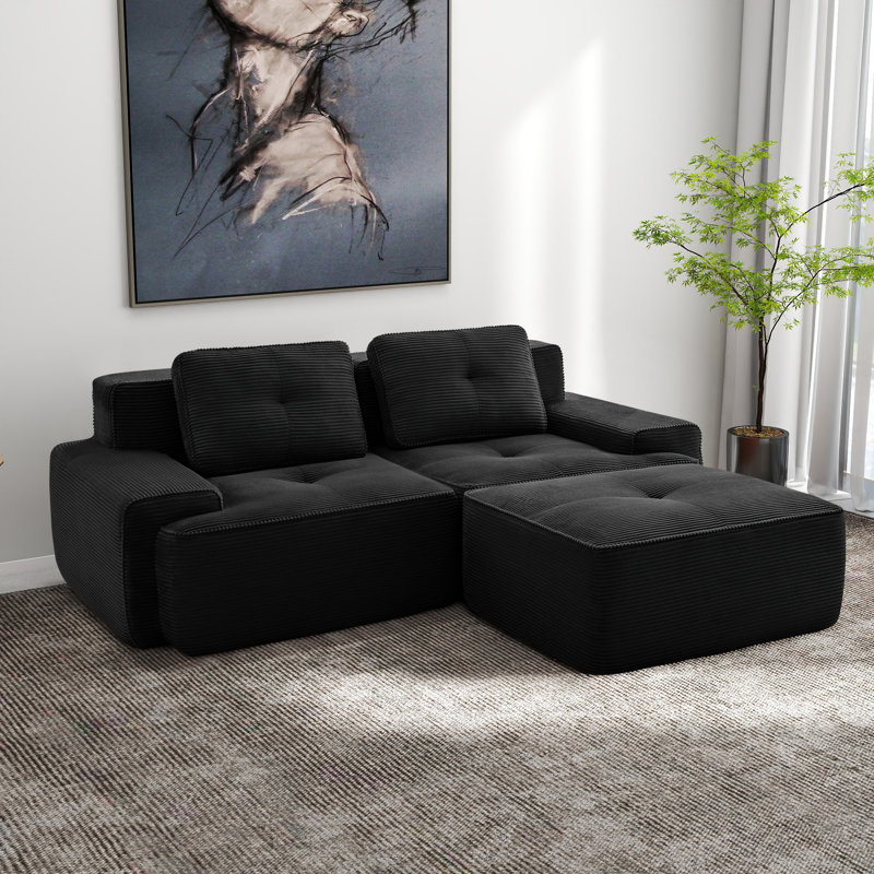 Canapé modulaire en forme de L de Boneless de 82 po pour le salon, tissu en velours côtelé, Noir