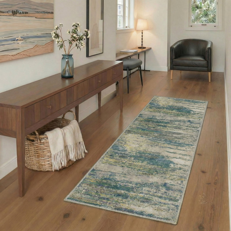 Arcadia Abstract Landscape Machine Washable Sage Indoor Area Rug With Non-Slip Backing, Runner 2'6" x 8'