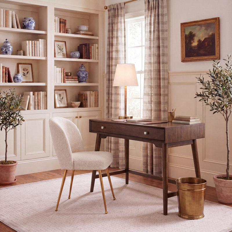 Elegant Dannay Writing Desk –Compact Modern Desk with Drawer, Splayed Legs, Soft-Close Glide Storage, Walnut