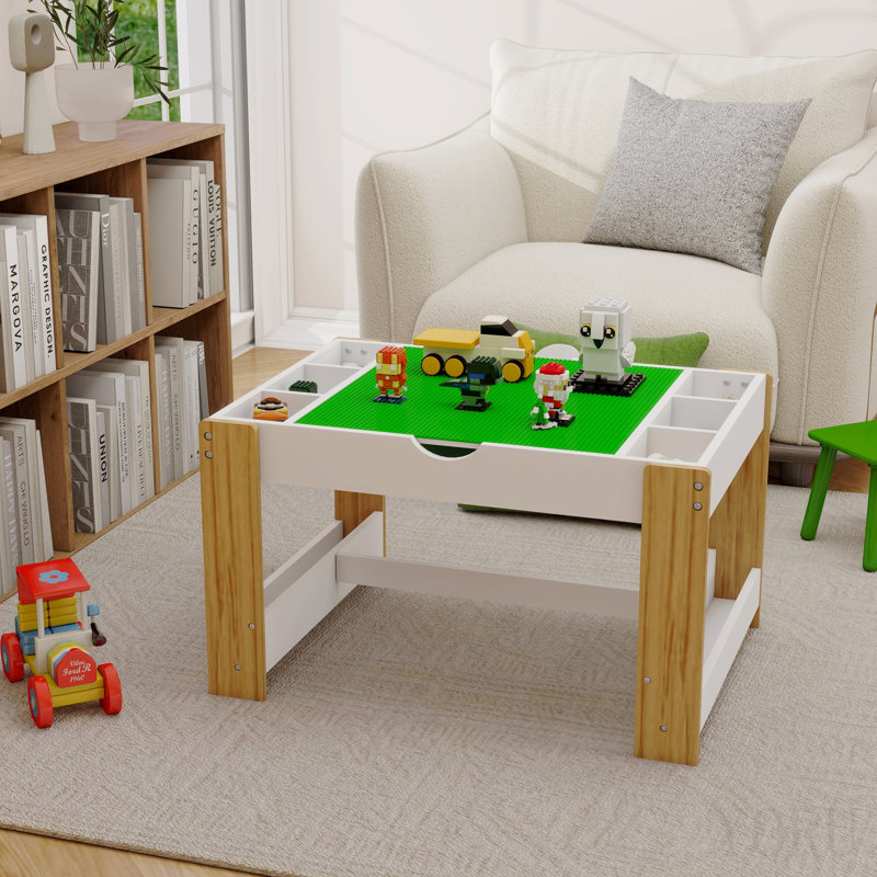 Table de jeu pour enfants 2 en 1 avec 7 compartiments de rangement, compatible avec le bloc de construction Lego, mobilier de jeu d'apprentissage moderne pour activités - blanc