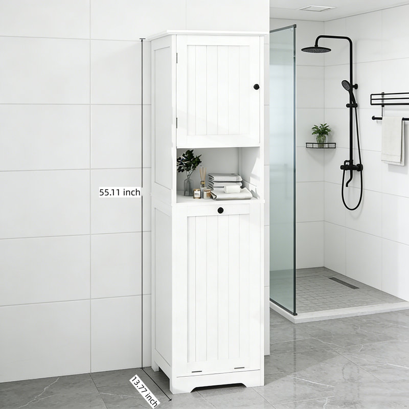Armoire de rangement pour salle de bain de 55,1 po de hauteur avec panier à linge inclinable et armoire supérieure, armoire à linge autoportante avec tablettes pour salle de bain ou salle de lavage