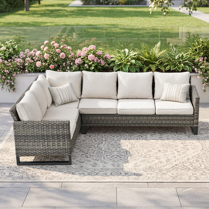 Chaquille 105'' Wide L-Shaped Wicker Patio Sectional with Cushions, Gray, Beige