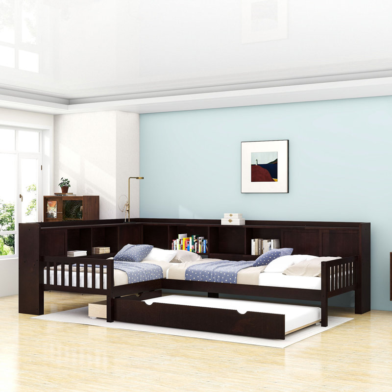 Lit plateforme en L avec lit gigogne, tiroirs de rangement et tablettes, Espresso