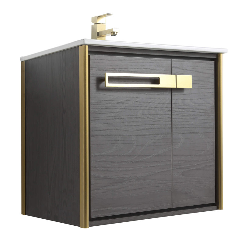 Meuble-lavabo simple l 24 po x P 18,31 po x H 23,25 po, Chêne noir, Laiton satiné