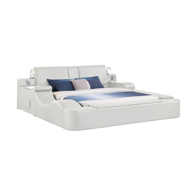 Grand lit élégant en similicuir beige avec lumières DEL, rangement et tiroirs et tête de lit à DEL