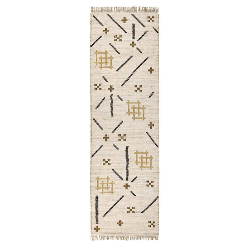 Handwoven Caviar Ivory Geometric Wool Area Rug Runner
