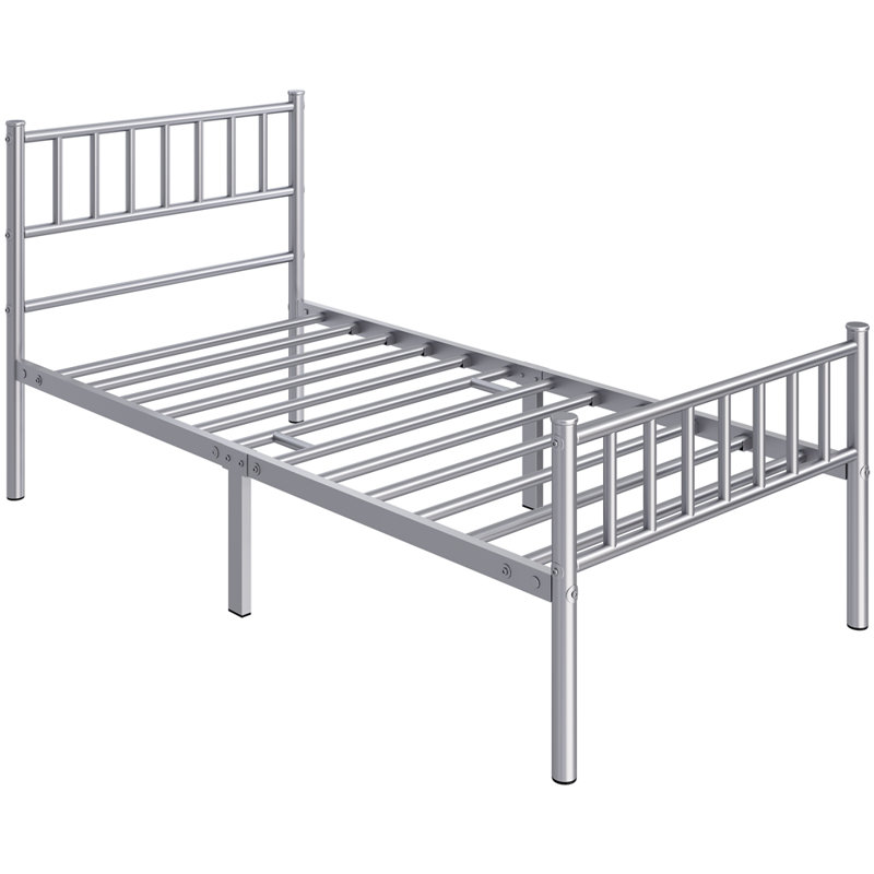 Minimalist Metal Bed Frame with Slatted Headboard, Silver, Single (3')