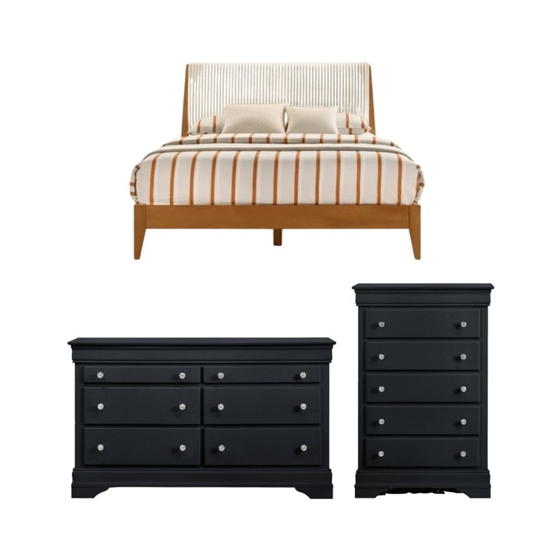 Gianick Modern Solid Wood 3 Pieces Fully Assemble Bedroom Set, Black/Amber Walnut, 3 Pcs: Bed, 2 Dressers
