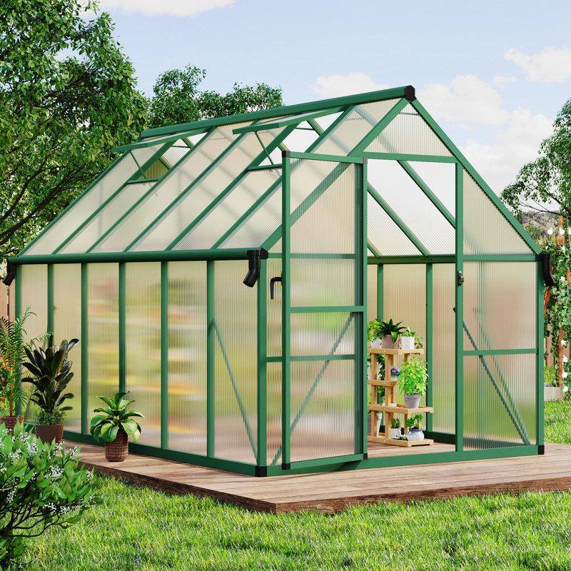 Serre de jardin en polycarbonate 8 po x 12 pi avec évent de toit, porte à poussoir verrouillable et clous de sol pour le jardin ou la cour