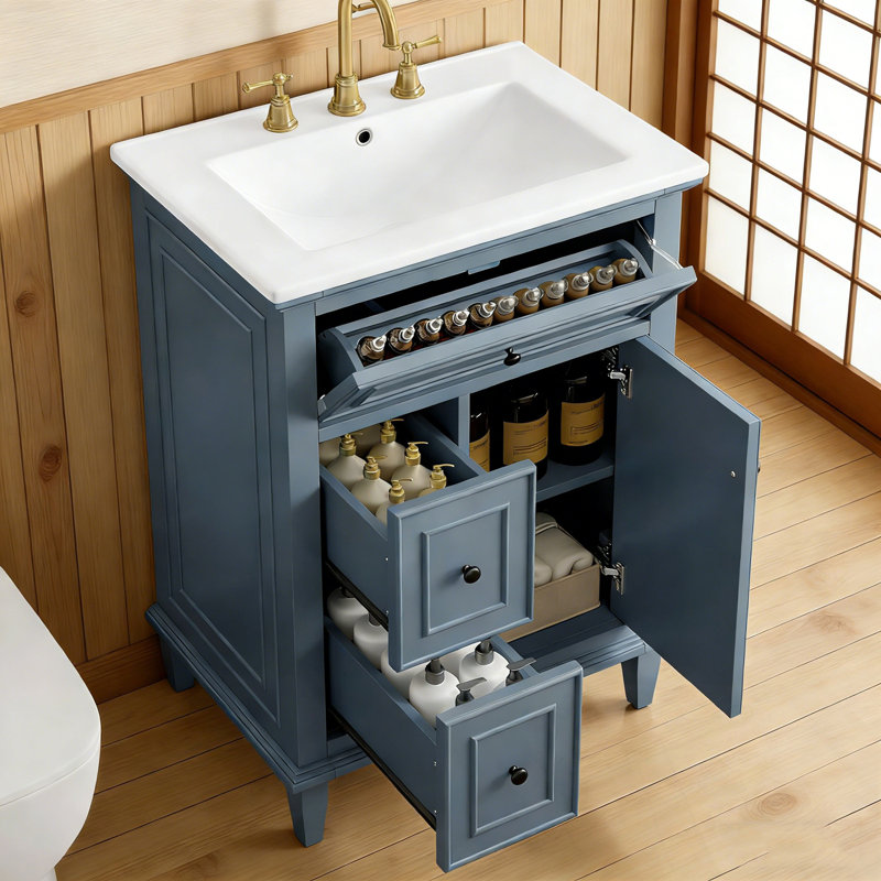 Bathroom Vanity with Sink, One Flip Drawer and Two Drawers, Blue Gray