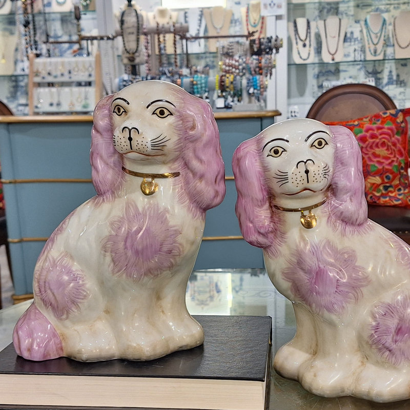Staffordshire Style Porcelain Dog Pair Pink Accents