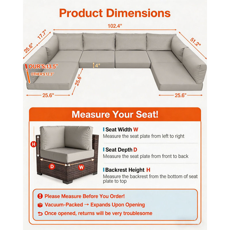 14 Piece Set Of Outdoor Replacement Cushions, For Patio Furniture, Waterproof, Stain Resistant, Fade Resistant, Heat Pressing TPU, Outdoor Olefin Fabric, Suitable For 6-Seater Sofa Cushions, Gray