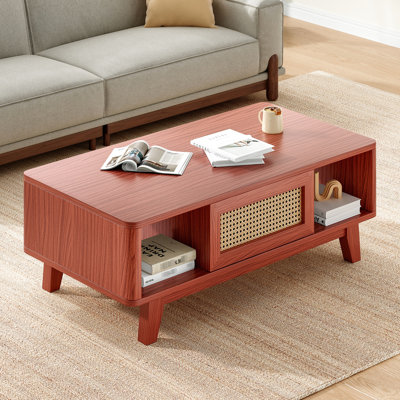 Table basse carrée de style milieu du siècle avec tiroir et rangement pratique, pieds en bois massif, motif cerisier, bois d'ingénierie, hauteur 40 cm, supporte jusqu'à 22,7 kg, montage facile.