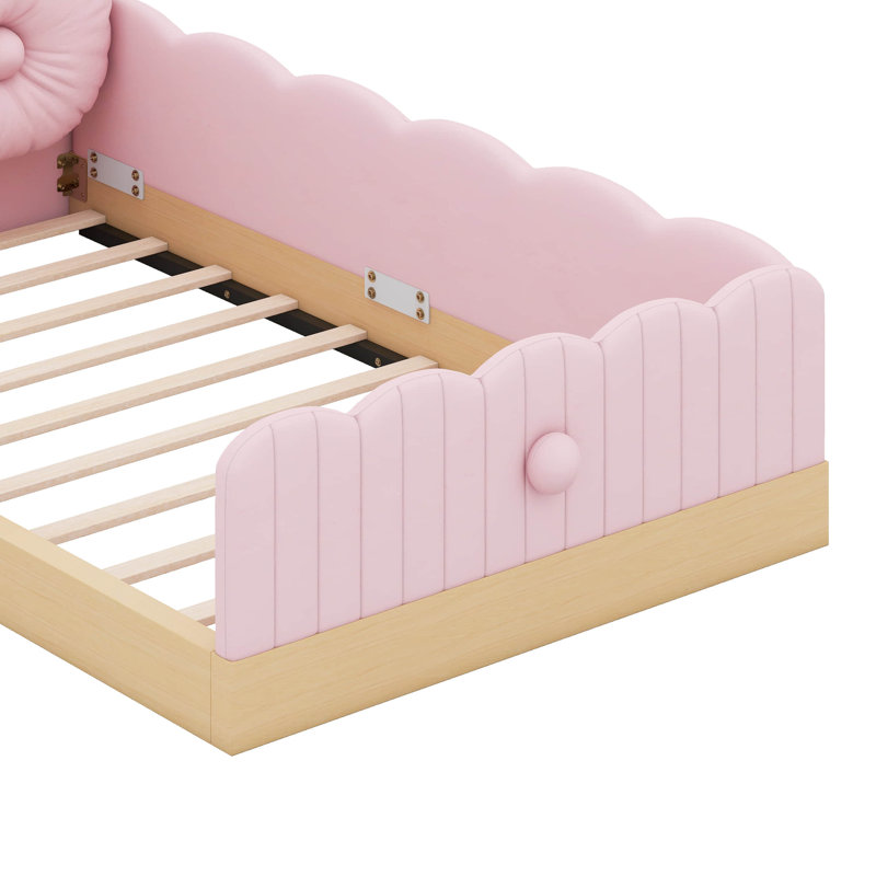 Mignon lit plateforme tapissier simple avec coussins et sacs de rangement, Rose