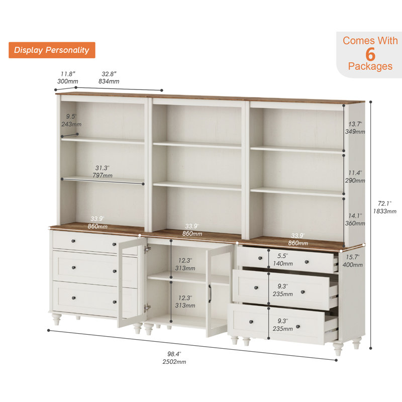 72.1"H X 101.6"W Bookcase With Drawers And Glass Doors, Tall Book Case With Open Book Shelfs, Large Wood Bookcases Farmhouse Bookshelves For Living Room Bedroom Home Office Kitchen, 72''