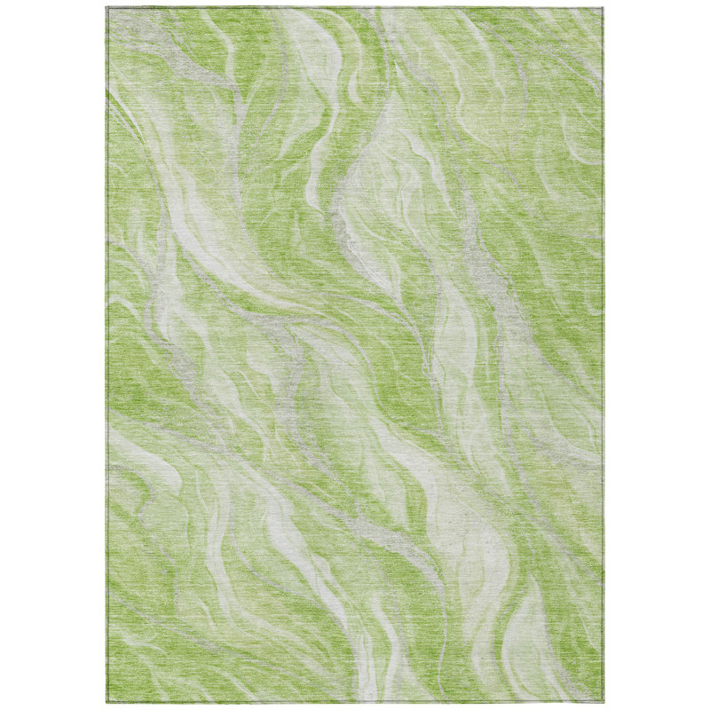 Tapis extérieur lavable abstrait vert et ivoire 10 pi x 14 pi