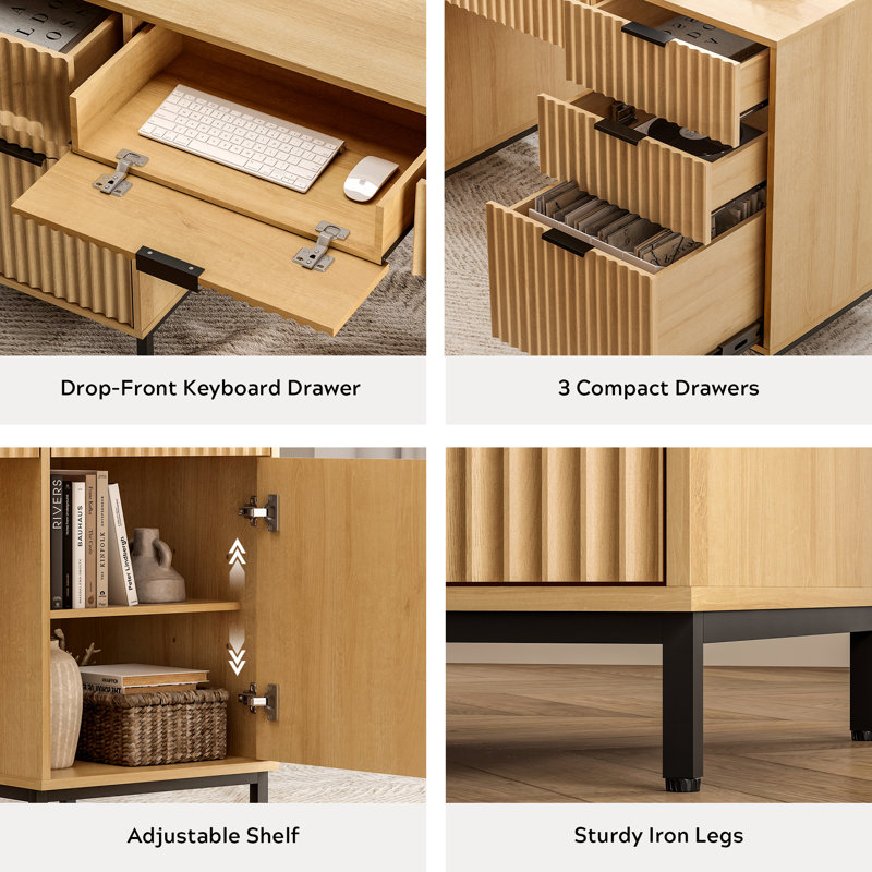 Fluted Executive Desk And File Storage Cabinet With Metal Base, Natural Oak