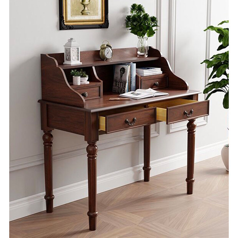 Bureau d'écriture vintage en bois avec tablette et tiroirs de rangement