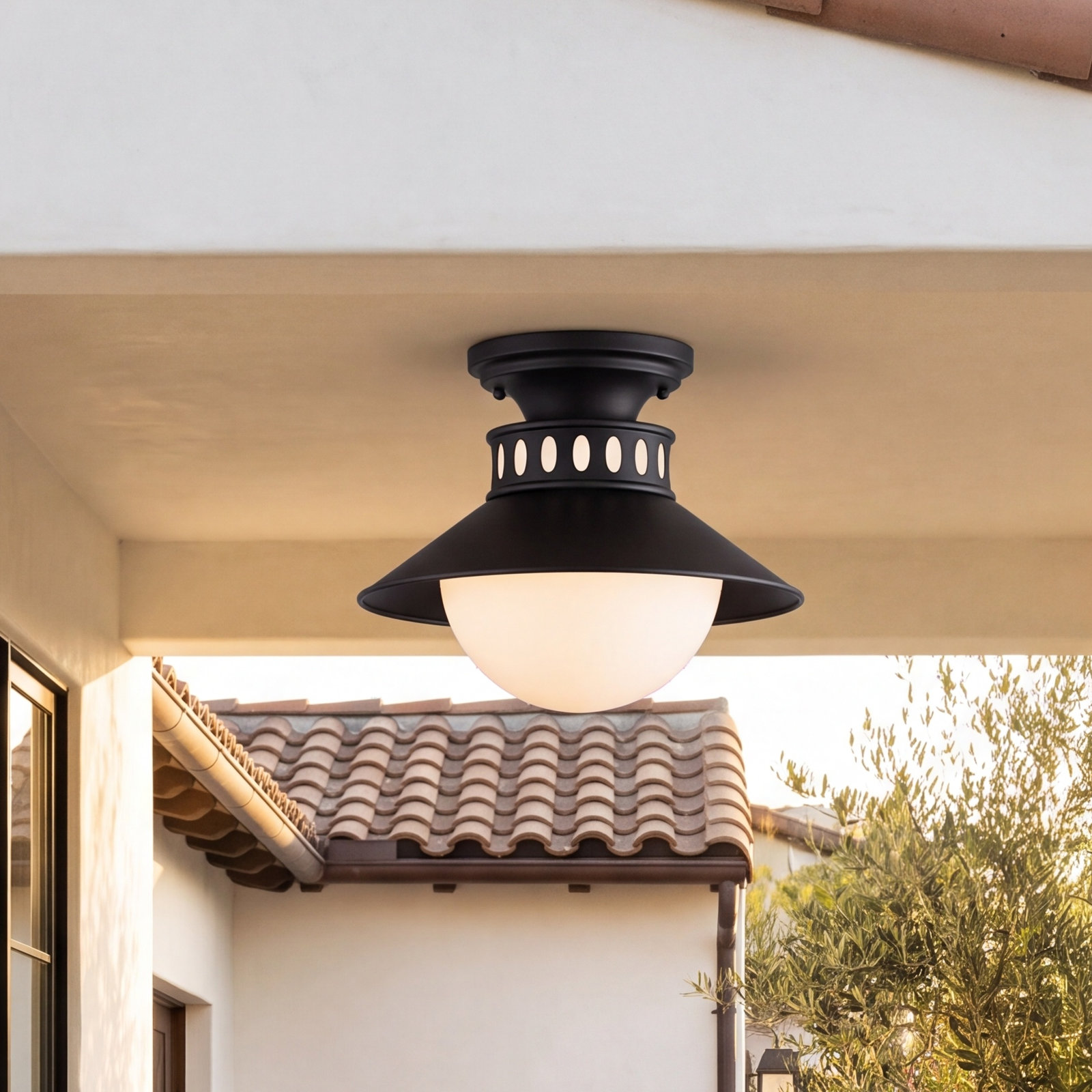 Round Outdoor Semi-Flush Mount, Black