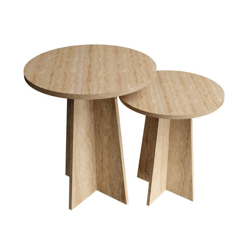 Travertine-Style Round Nesting Side Tables Modern Coffee Tables Set of 2