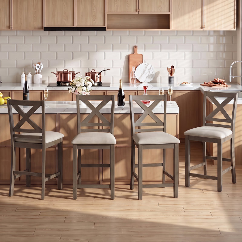 Tabouret de bar et de comptoir en X avec dossier en X, Light Brown, 4