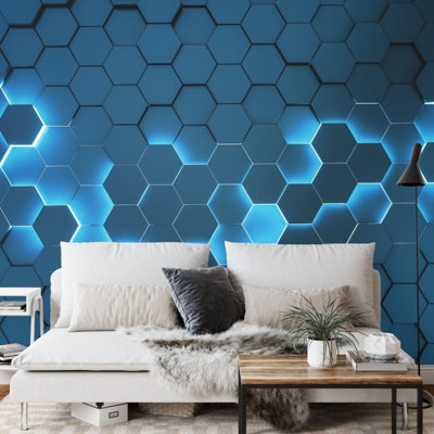 Blue Glowing 3D Hexagon Honeycomb Wallpaper for Home Decor