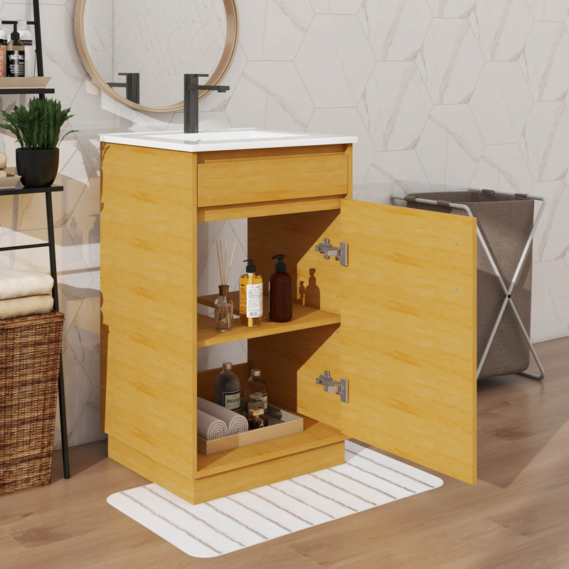 Meuble-lavabo de style campagnard de 20 po avec lavabo en céramique, meuble autoportant avec porte à fermeture en douceur et tablette réglable