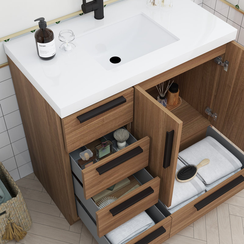 Carla Freestanding Bathroom Vanity with Left Side Drawers, Rosewood, 35"