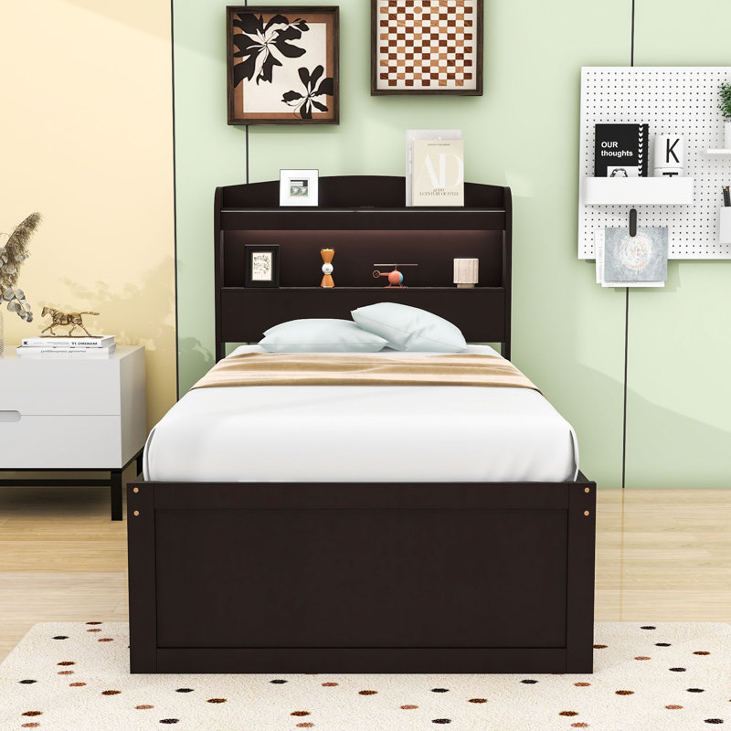 Eddra Size Multifunctional Platform Bed with LED Headboard,  Storage, and Pull-Out Twin Trundle, Dark Brown, Twin XL