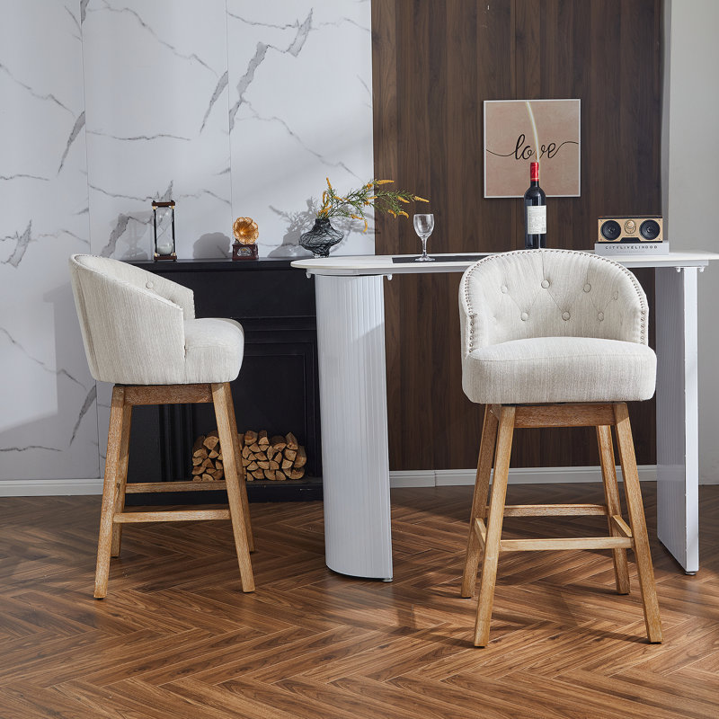 Ensemble de 2 tabourets de comptoir pivotants de 33,25 po, avec tabourets de bar rembourrés à hauteur de comptoir avec structure en bois d'hévéa massif, dossier, repose-pieds, tabourets de bar sans accoudoir pour bar personnel, comptoir de cuisine, naturel et beige