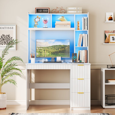4-Drawer Computer Desk With Bookshelves And Led Lighting, Home Office Desk With Charging Station