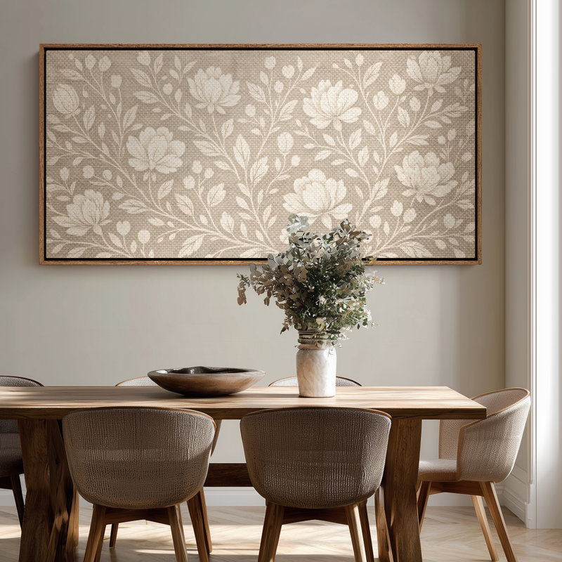 «Neutral Folk Floral» sur fond de style lin, art mural encadré, Naturel, H 30 po x l 60 po