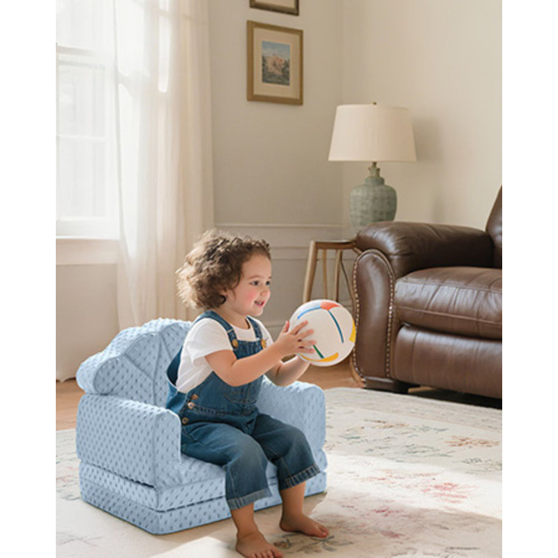 2-in-1 Soft Bubble Dot Minky Fold-Out Couch, Convertible Toddler Sofa, Kid Furniture for Playroom, Blue, Blue