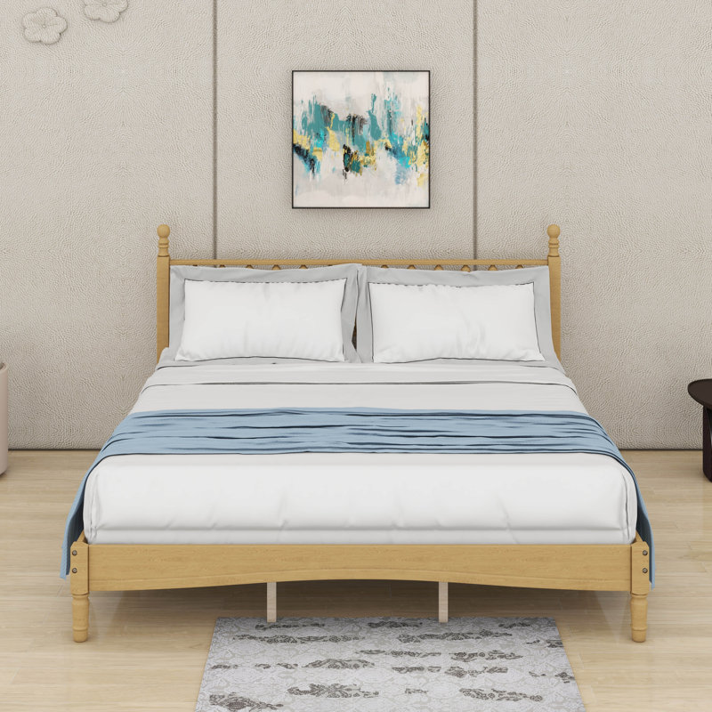 Base de lit en bois avec tête de lit en forme de gourde, lit plateforme avec support en lattes de bois, Très grand lit