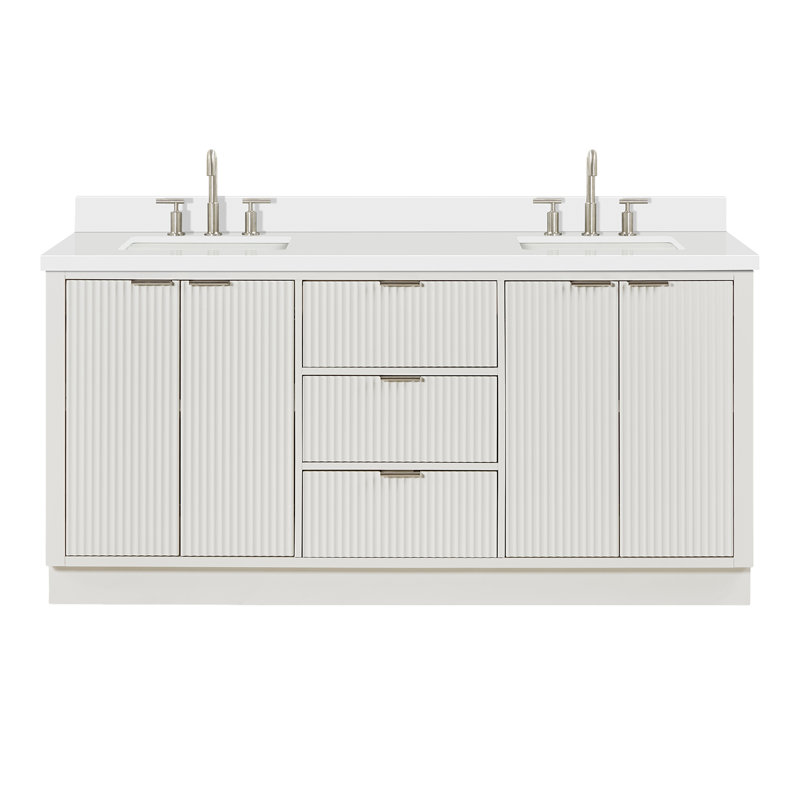 Meuble-lavabo double 72 po en bois massif avec plateau en quartz blanc 1,5 po et lavabo rectangulaire blanc chaud