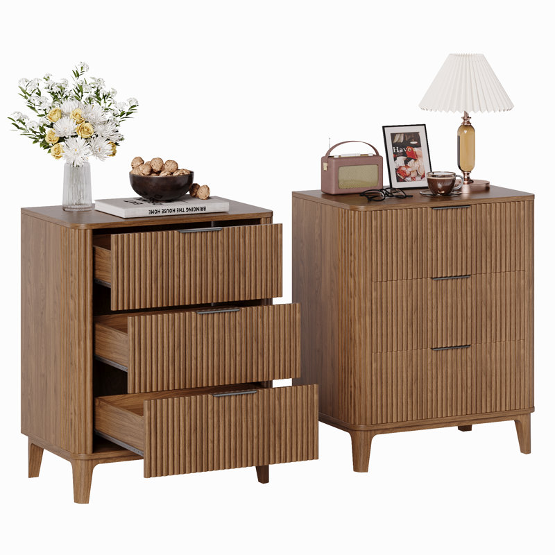 Table de chevet 23,62 po avec 3 tiroirs, ensemble de 2, Noyer