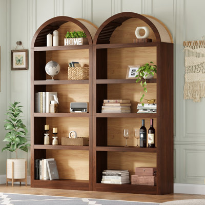 On-trend Freestanding Tall Bookshelves Set Of 2, Farmhouse Two-Tone Open Storage Cabinet With Fabric Arched Top, 5-Tier Display Bookcase For Living Room, Bedroom, Home Office, Walnut+Natural