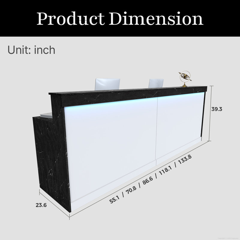 Modern Ergonomic Reception Desk With LED Lighting, Black Marble, 39.37'' H X 70.87'' W X 23.62'' D
