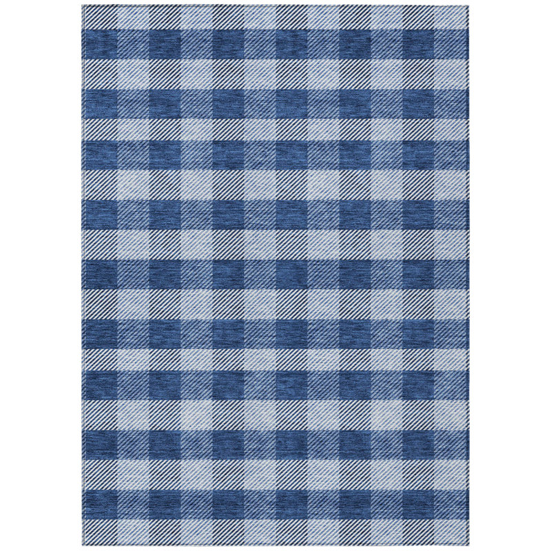 Tapis extérieur lavable à carreaux bleu marine et ivoire 10 pi x 14 pi