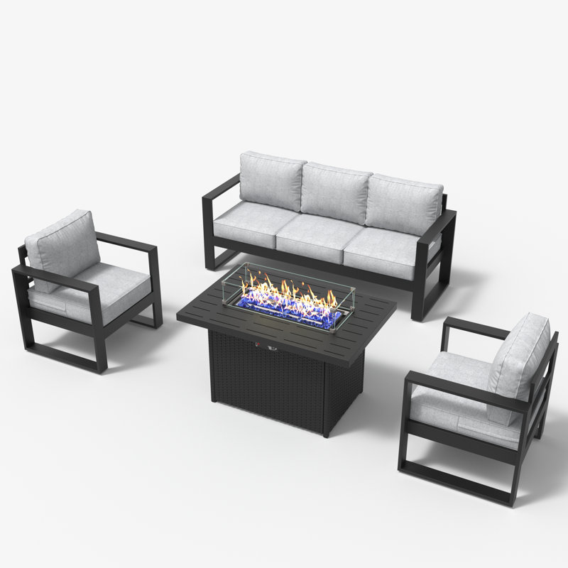 4 Piece Sofa Seating Group With Cushions, Light Gray/Black