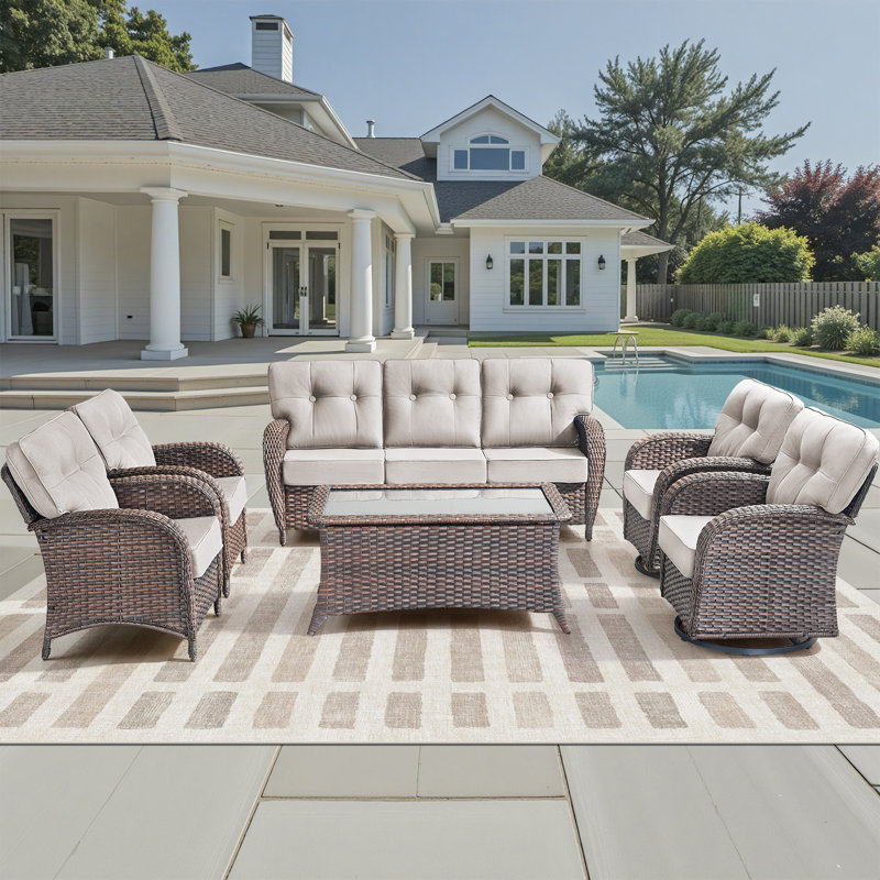 6-Piece Patio Furniture Set, All-Weather Outdoor Seating Set With Swivel Glider Chairs & Coffee Table, Beige