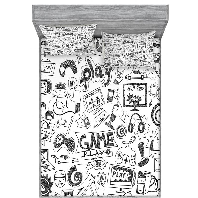 Full Size White and Black Gaming Print Microfiber Sheet Set