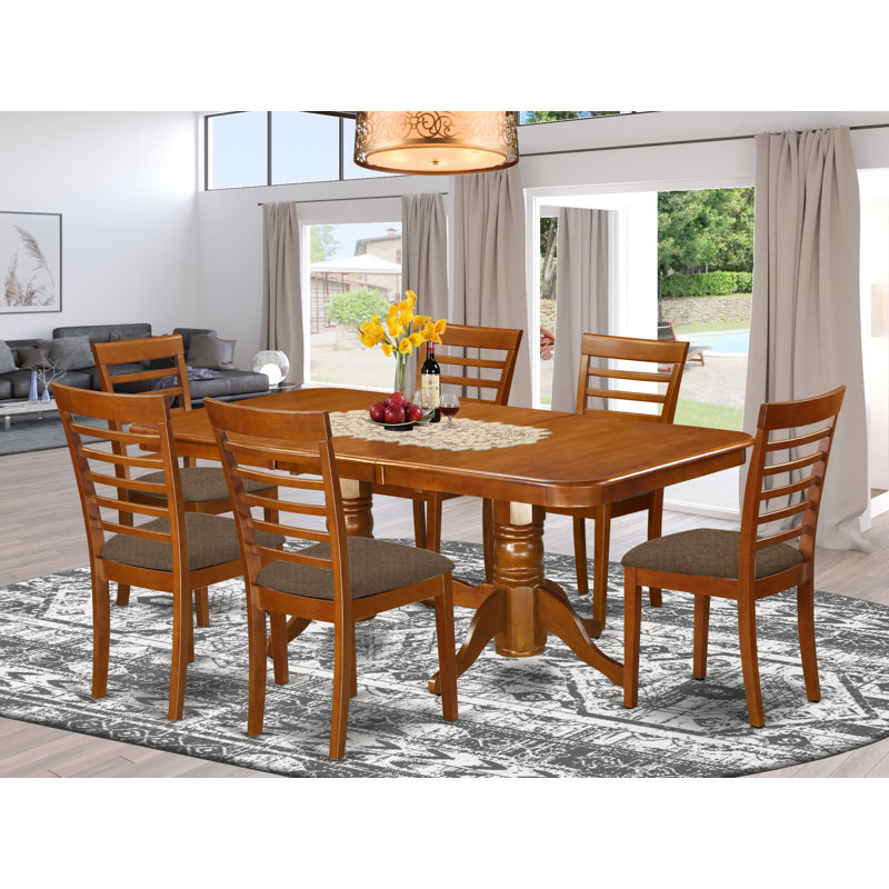 7 Piece Dining Room Furniture Set Consist of a Rectangle Kitchen Table with Butterfly Leaf and 6 Linen Fabric Upholstered Chairs, Saddle Brown